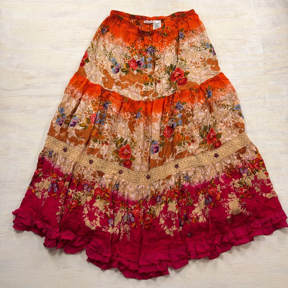 Forbidden Skirt Maxi Tiered Floral Crochet Sequin Ruffle Orange Pink Small Women